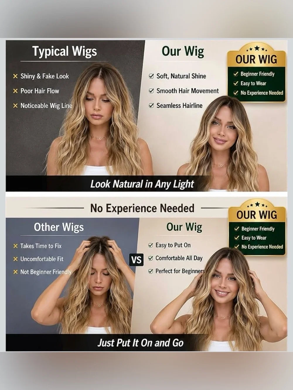 Wig layered waves Long Brown Blonde Ombré Easy-style Adjustable Daily wear 26”